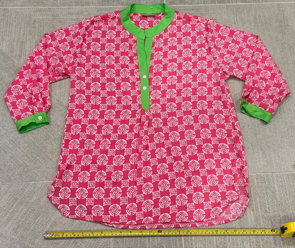 Rock Flower Paper Pink & Green Geometric Medallion Tunic Blouse Top Size M